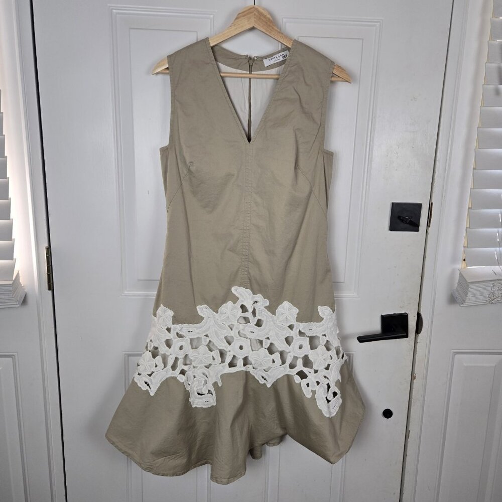 DEREK LAM Collective Khaki Tan Lace V-Neck Dress Size 8 Sleeveless Quiet Luxury